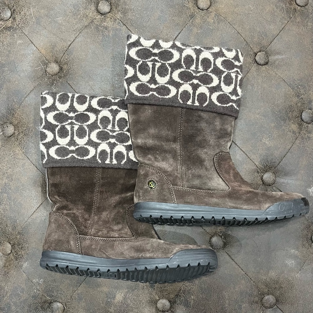 COACH Tatum Genuine Brown Suede Signature Wool Cuff Boots - Women’s size 8